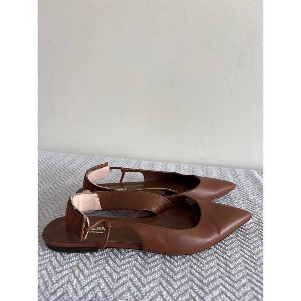 Burberry Tan Leather Pointed Toe Slingback Flats Logo Strap Brown 36.5